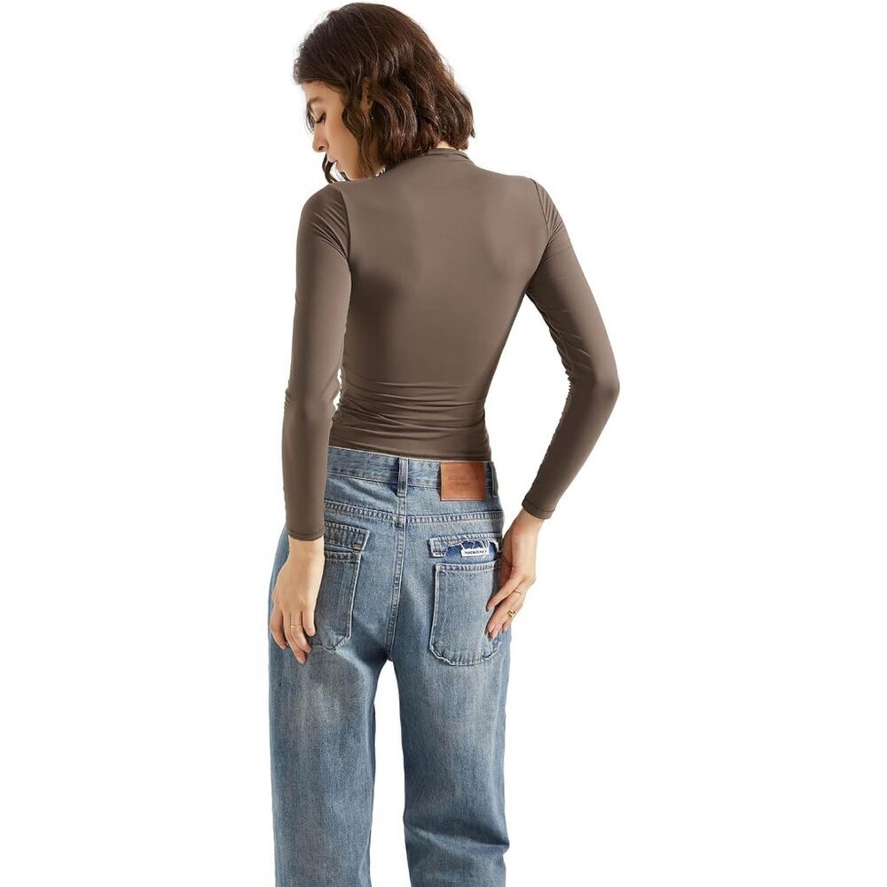 Women Double Lined Mock Turtle Neck Long Sleeve Fitted Y2K Crop Top - Picture 6 of 7